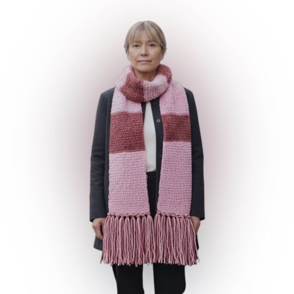Scarf Pink Dark Rose Knit Hand Crafted Boucle Fringed Colorblock - Picture 2 of 10